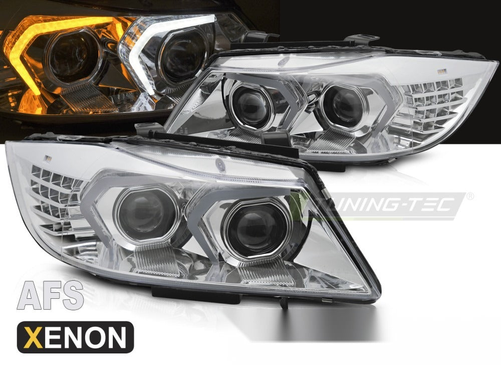 Detaljbilde av frontlykter BMW E90/E91 LCI 09-11 med LED/Xenon-detaljer.