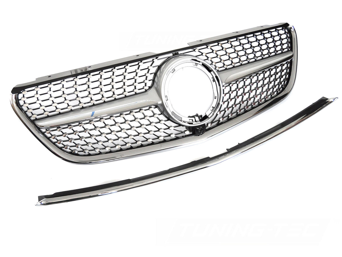 Grill Diamond Sølv Sort til Mercedes Vito W447 19-23 sett rett forfra på hvit bakgrunn.