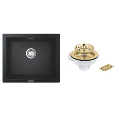 Grohe K700 kjøkkenvask i svart granittkompositt med gullfarget avløpsventil, 533x457 mm