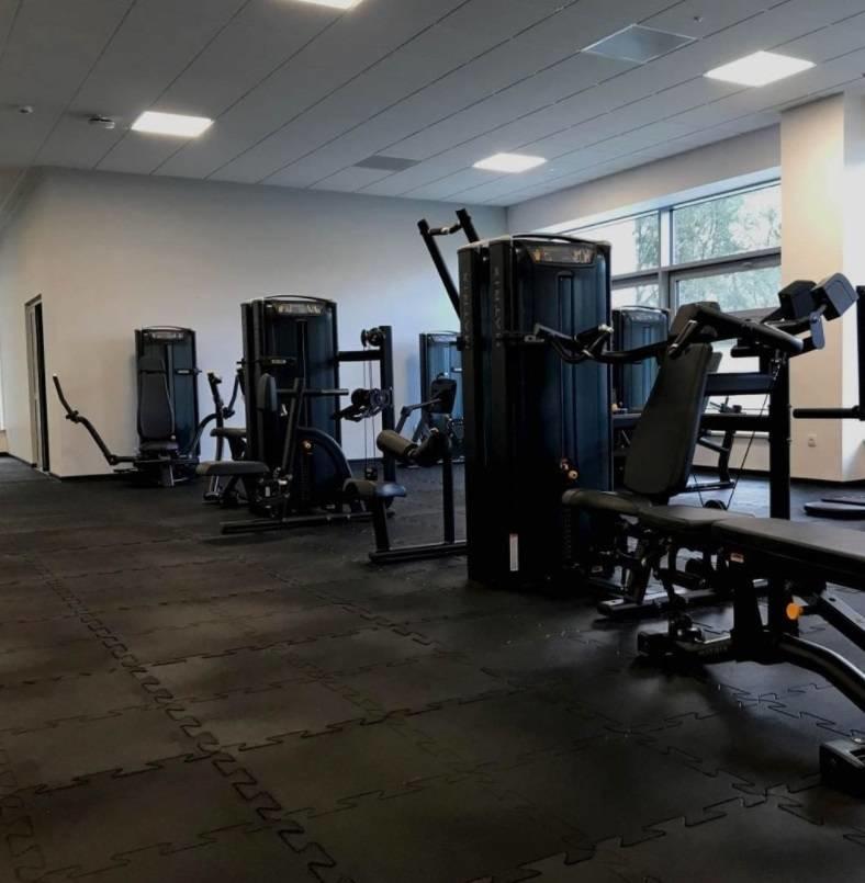 Gymgulv med styrketreningsapparater i svart metall i lyst treningsrom med store vinduer og mørkt gulv.