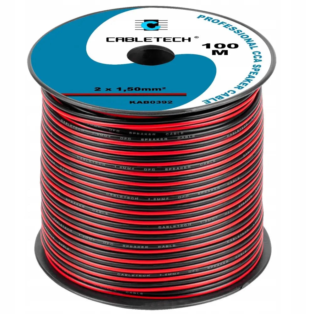 Strømkabel LED-stripe 2x1,5mm, sort og rød kabel pent opprullet på blå plastspole med etikett.