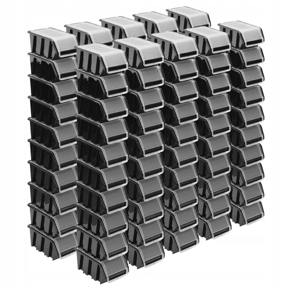 Lukkbar beholder bakkasse svart, stablede små bokser med skrå, blanke lokk sett forfra og ovenfra.