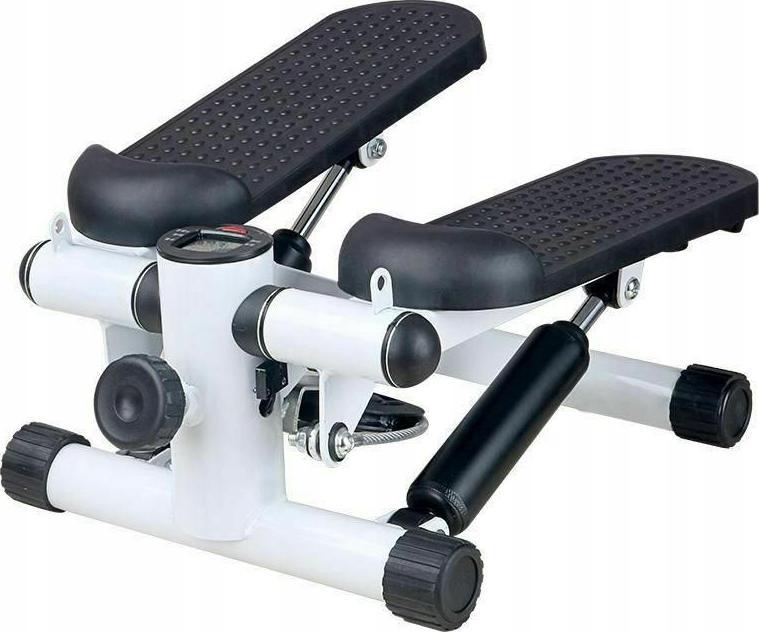 Stepmaskin i sort og hvit med to teksturerte fotplater, solide ståldeler og synlige justeringsskruer.