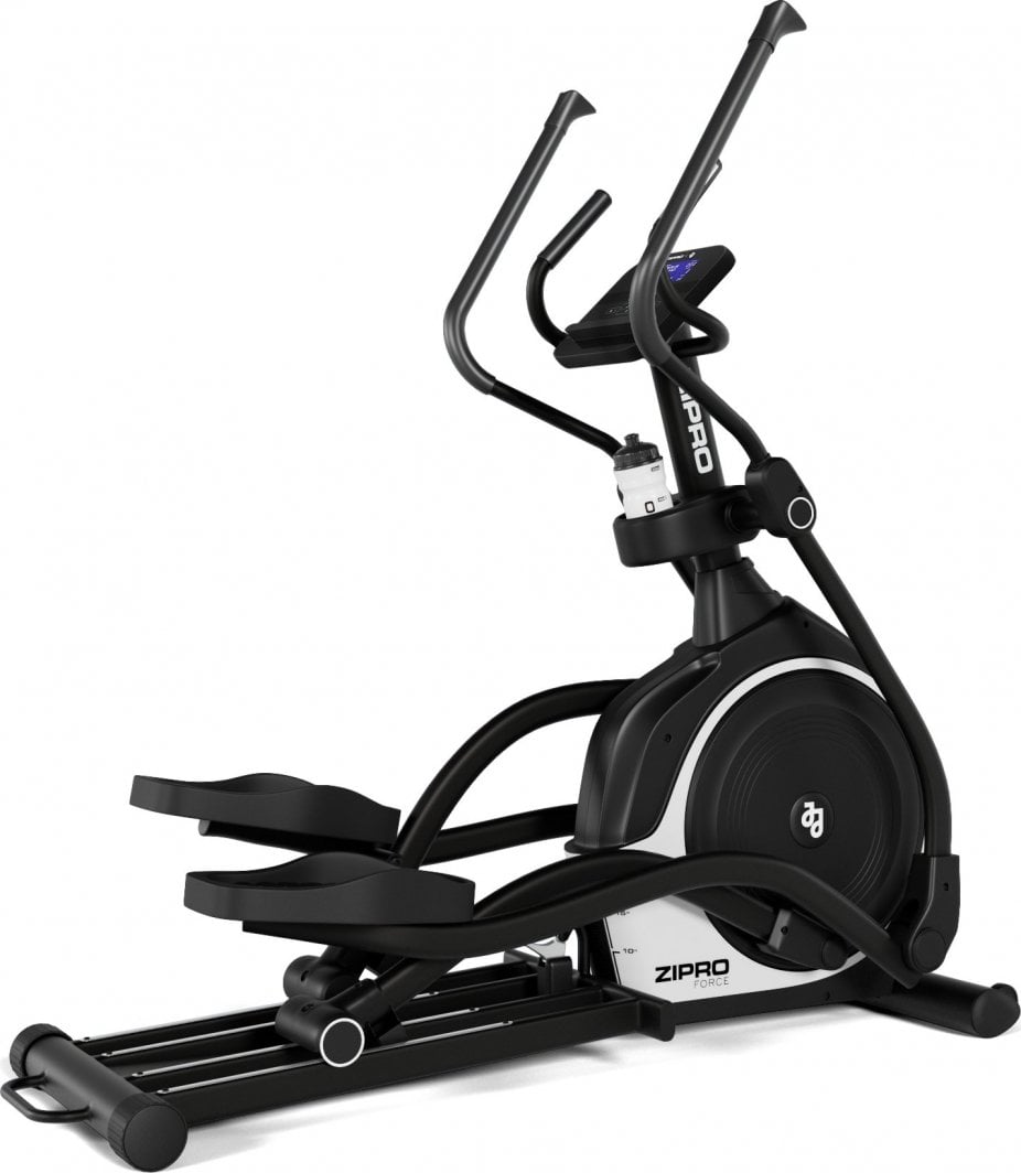 Ellipsemaskin i svart og hvit sett fra siden, med store fotplater, buede håndtak og digital skjerm.