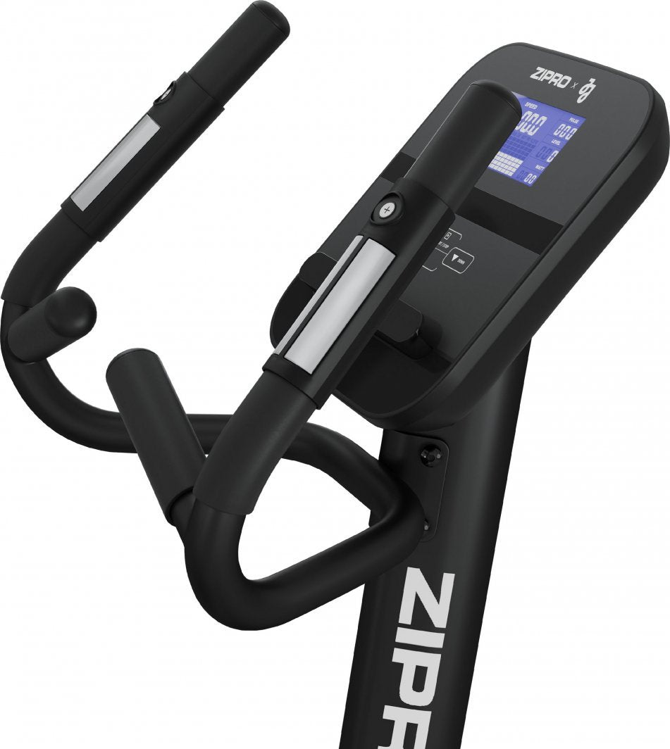 Trimsykkel i svart med sølvdetaljer på styret, digital skjerm og knapper, sett fra siden.