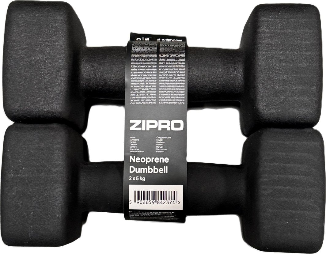 Vekter Trening, to svarte neoprenmanualer med kvadratiske ender og etikett i midten, sett ovenfra.