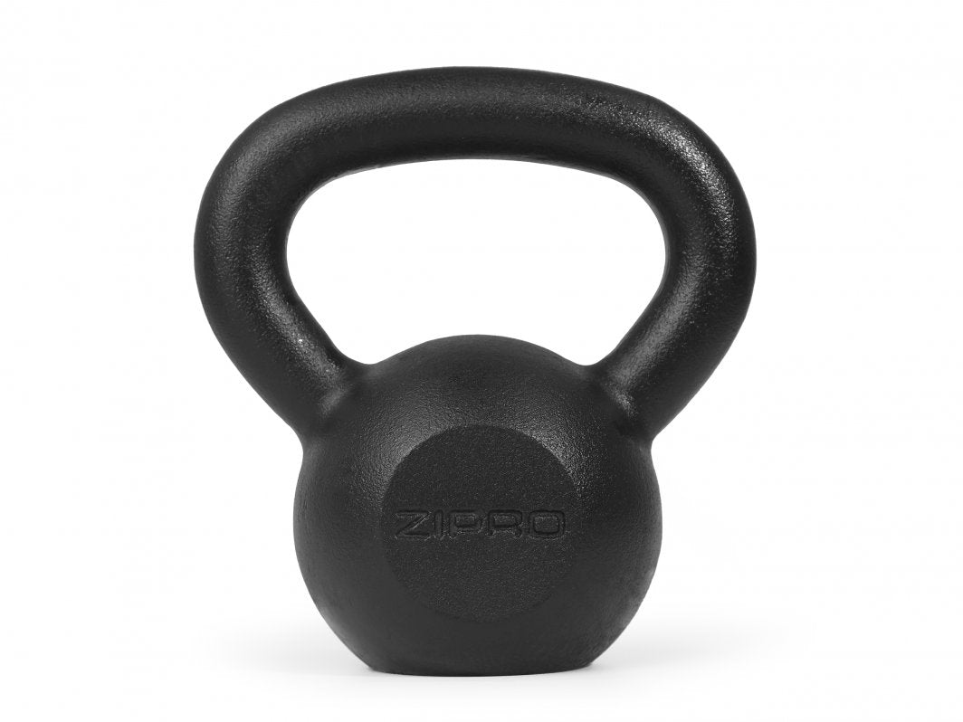 Kettlebells sort støpejern 8kg med strukturert overflate, bredt håndtak og diskret logo, sett forfra.
