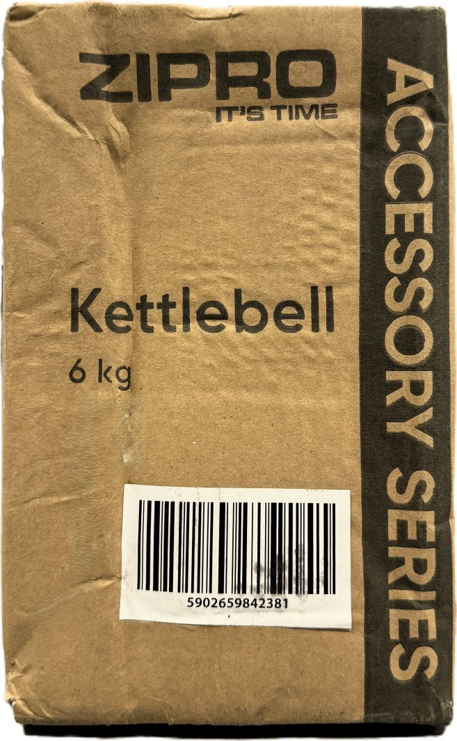 Styrketrening Hjemme brun pappeske med svart trykk, produktnavn, vekt 6 kg og strekkode sett forfra.