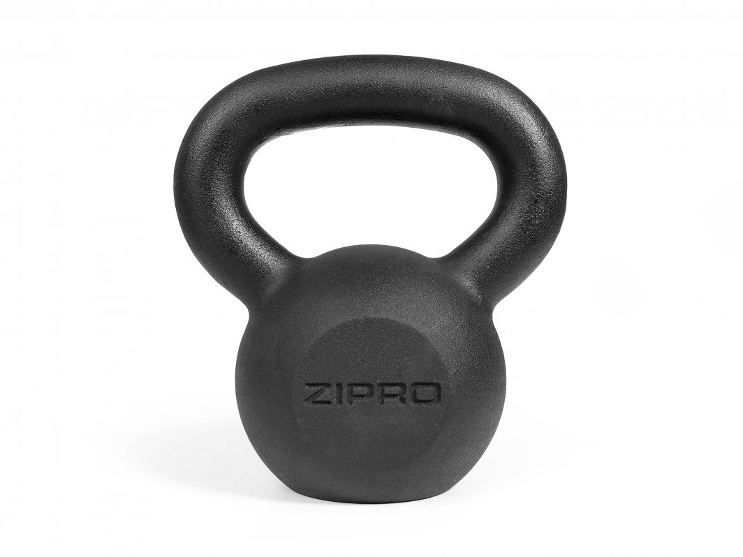 Kettlebells 8kg i sort støpejern med matt overflate, ergonomisk håndtak og ZIPRO-logo preget på fremsiden.