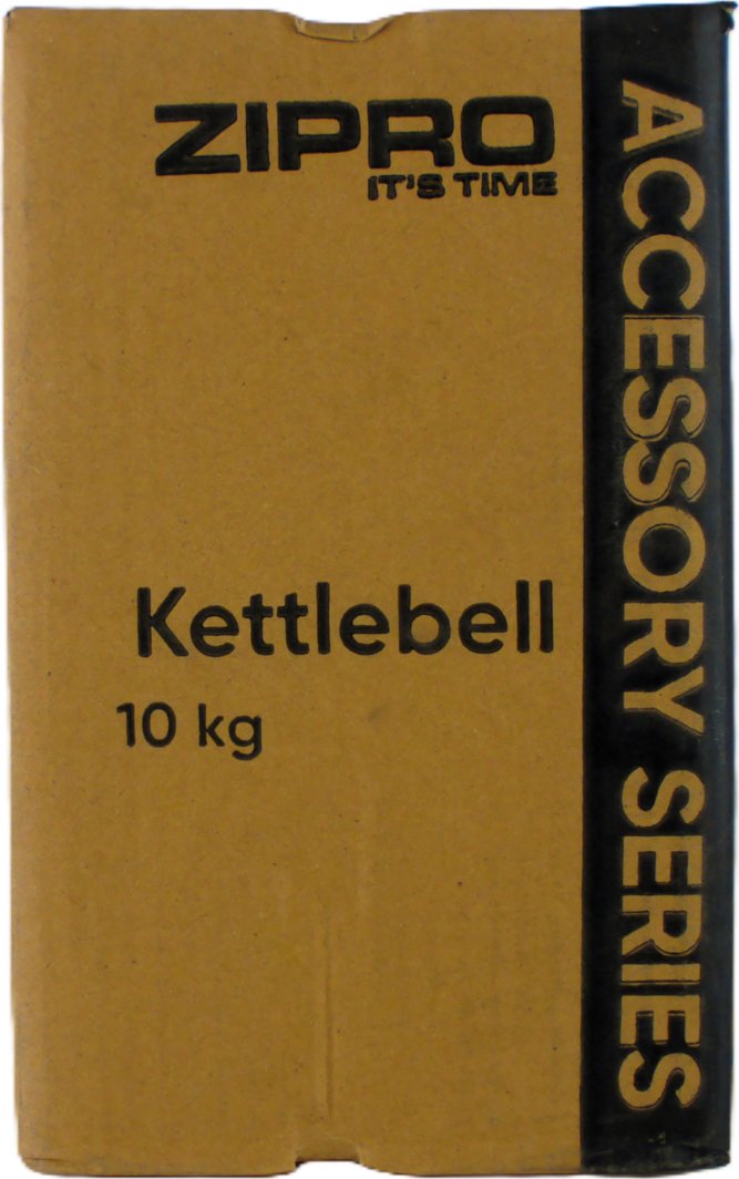 Styrketrening Hjemme brun pappeske med svart trykk, tekst viser kettlebell 10 kg, svart stripe til høyre.