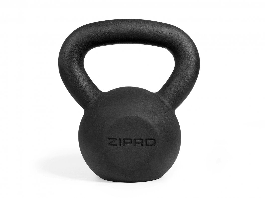 Kettlebells i sort støpejern på 8 kg sett forfra, med matt overflate og gravert Zipro-logo på fremsiden.