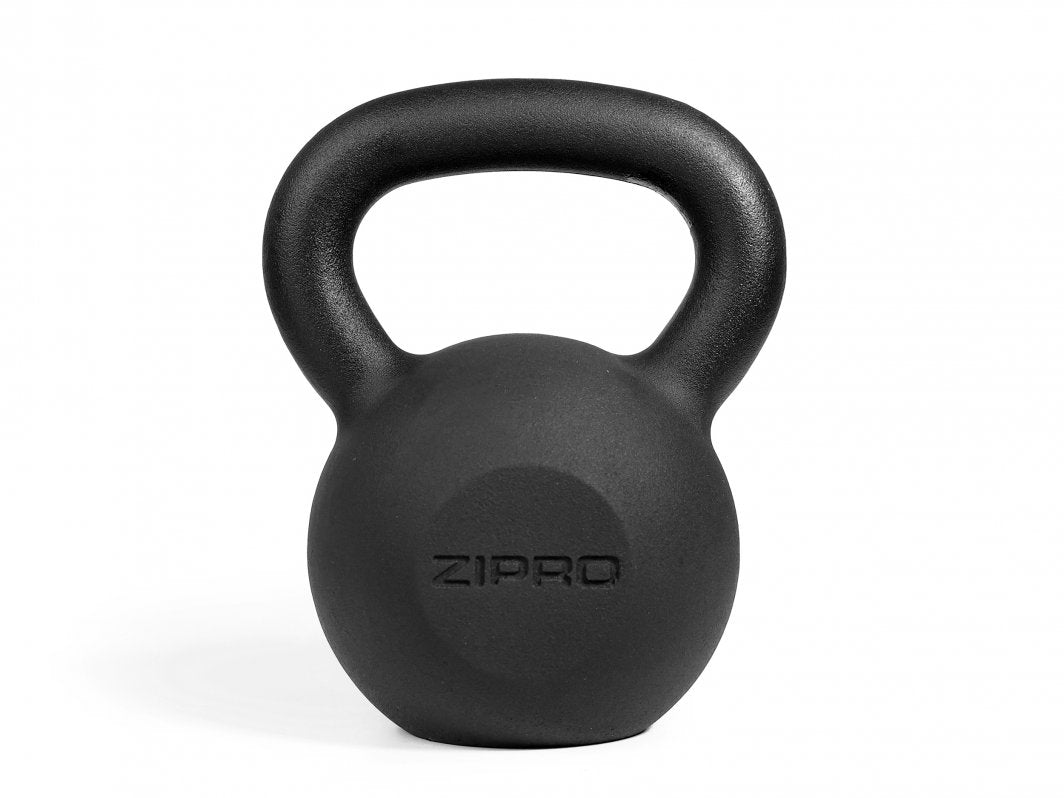 Kettlebells i sort støpejern fra Zipro, sett forfra med bredt, avrundet håndtak og synlig logo på matt overflate.