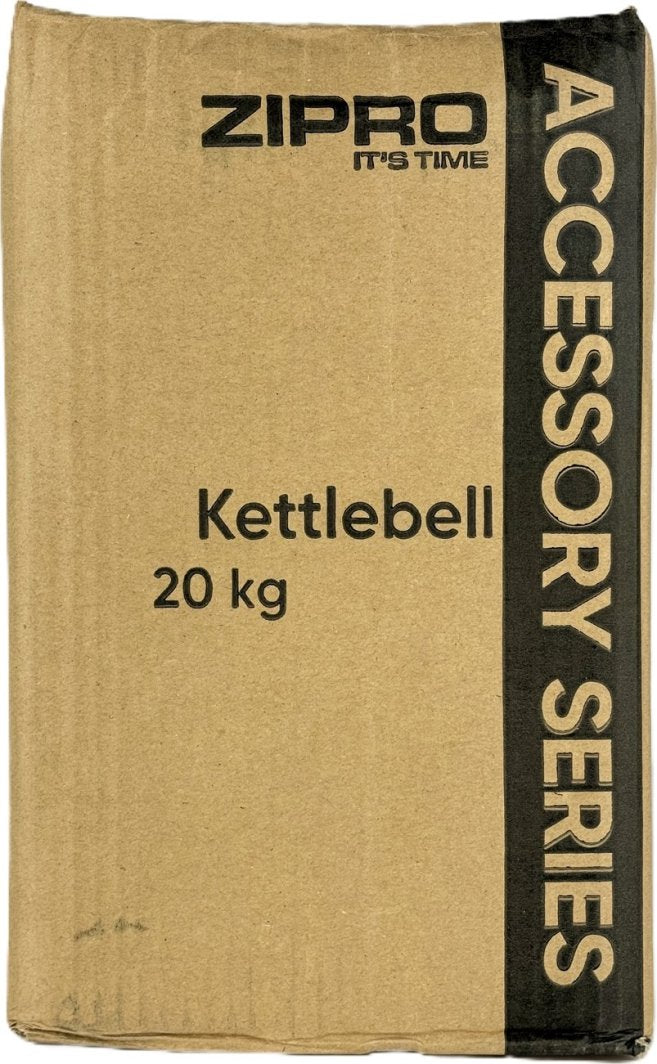 Kettlebell Øvelser brun pappeske med svart trykk, produktnavn og vekt, svart vertikal stripe til høyre.