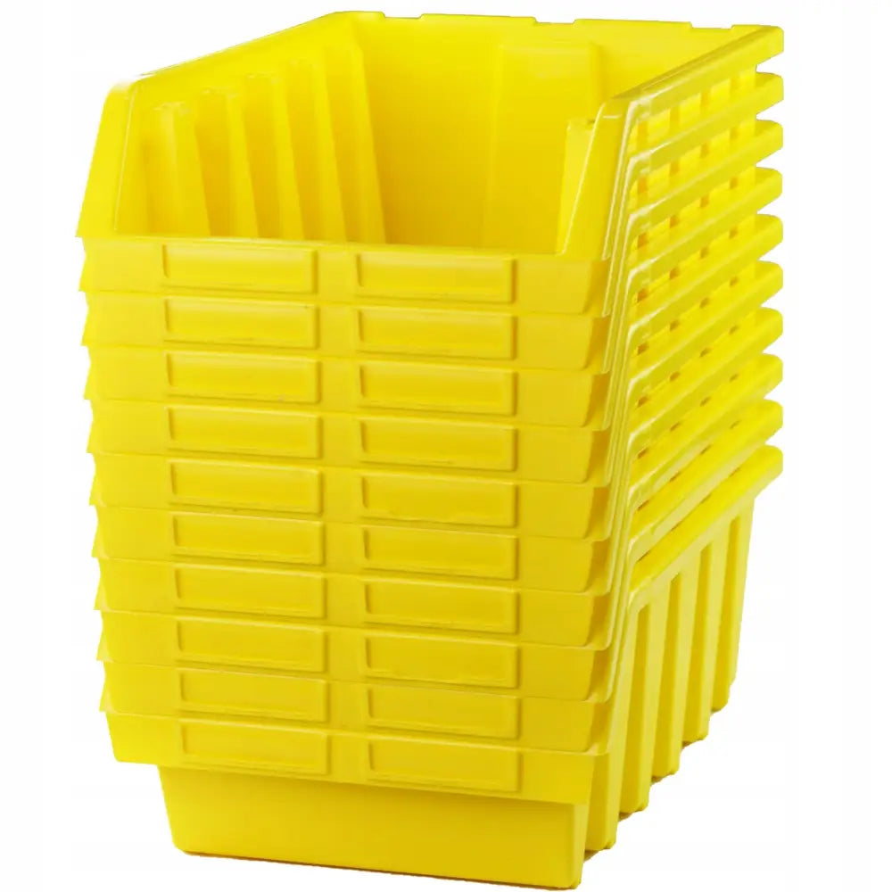 Lagerbeholder Ergobox 5 i gull, stablet i skrå vinkel med åpne fronter og rillede sidevegger for styrke.