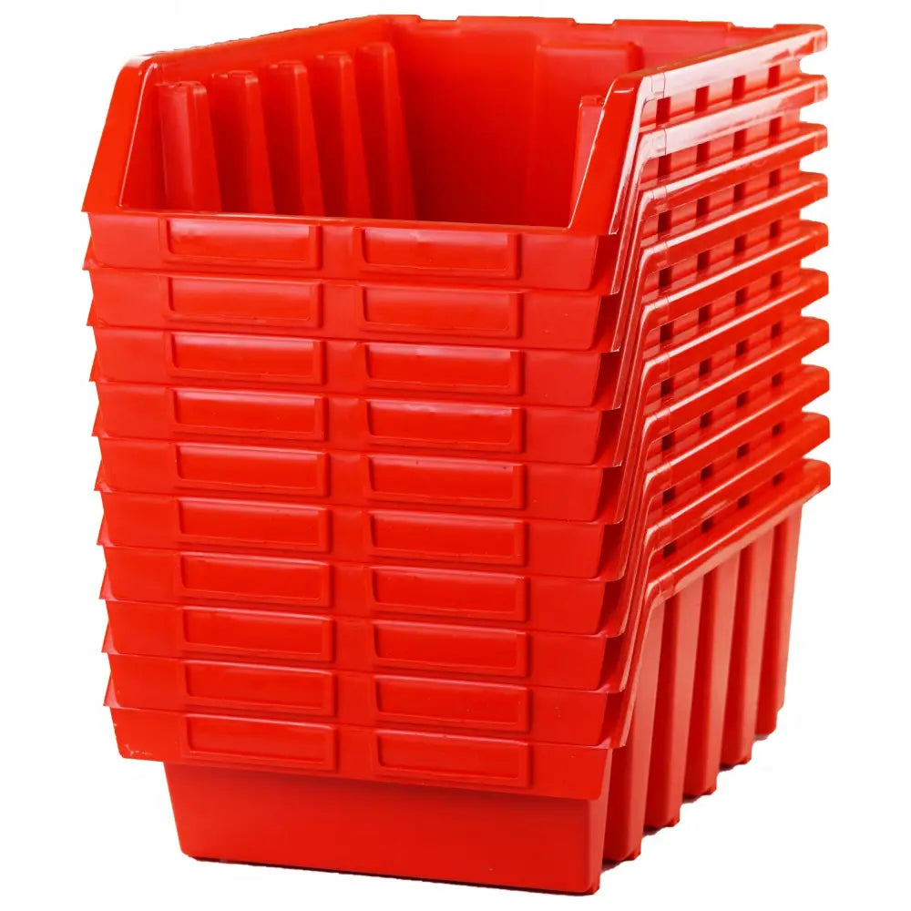 Lagerboks Ergobox 5, stabel med røde bokser sett skrått forfra, åpninger og etikettfelt tydelig synlig.