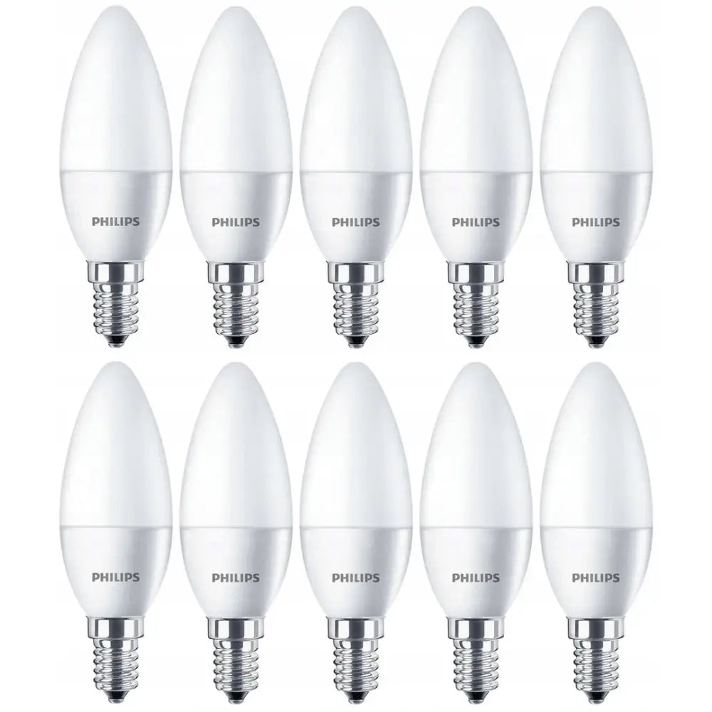 LED-pærer i stearinlysform, ti stk E14 med nøytral hvit glød, matt overflate og synlig Philips-logo.