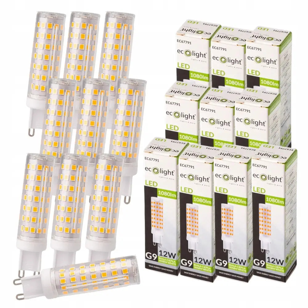 LED-pærer G9 Mini 12W, tolv stk med gjennomsiktig deksel foran sine grønnhvite esker, frontvisning.