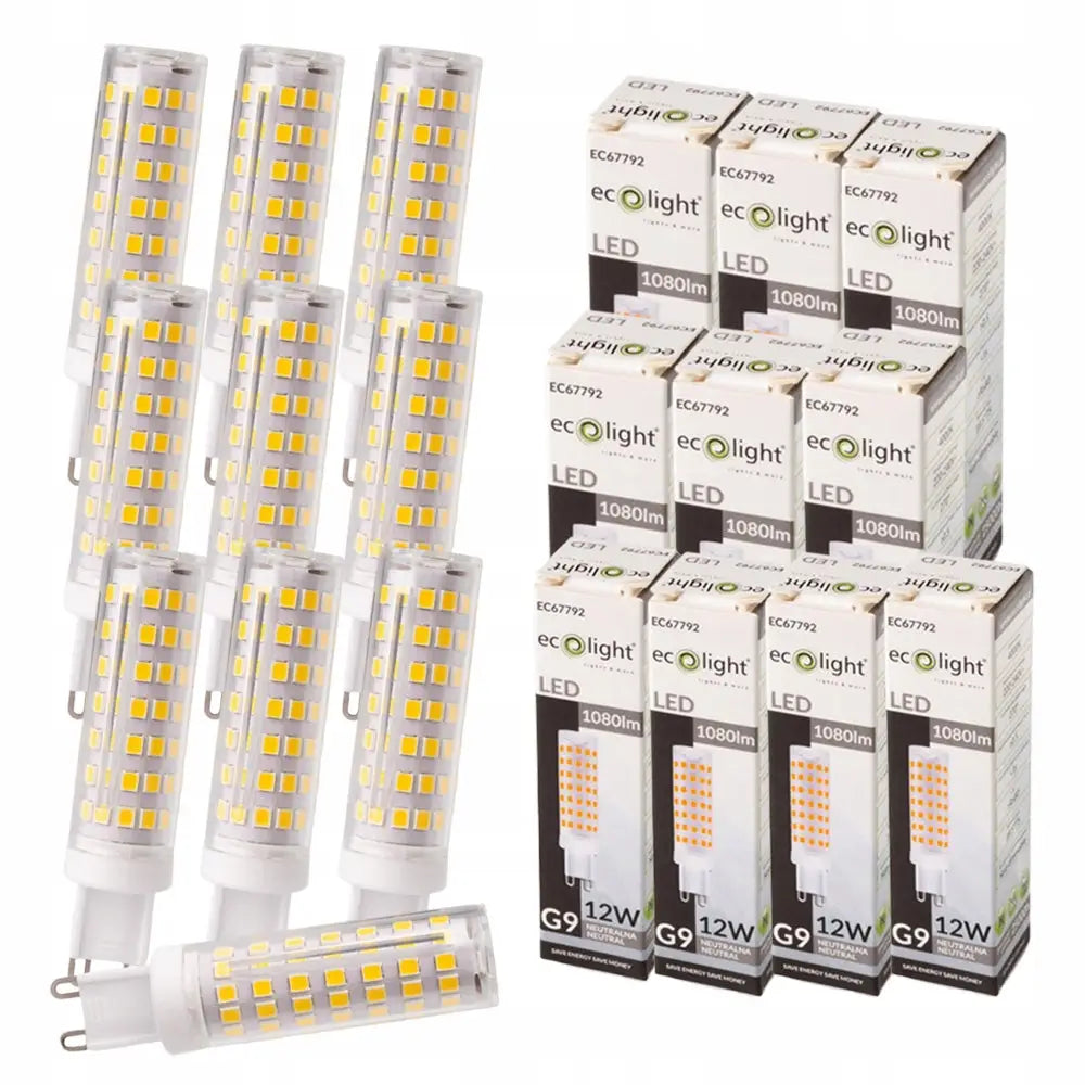LED-pære G9 Mini 12W, tolv stykker vist fra siden og forfra med hvite esker og produktinformasjon.