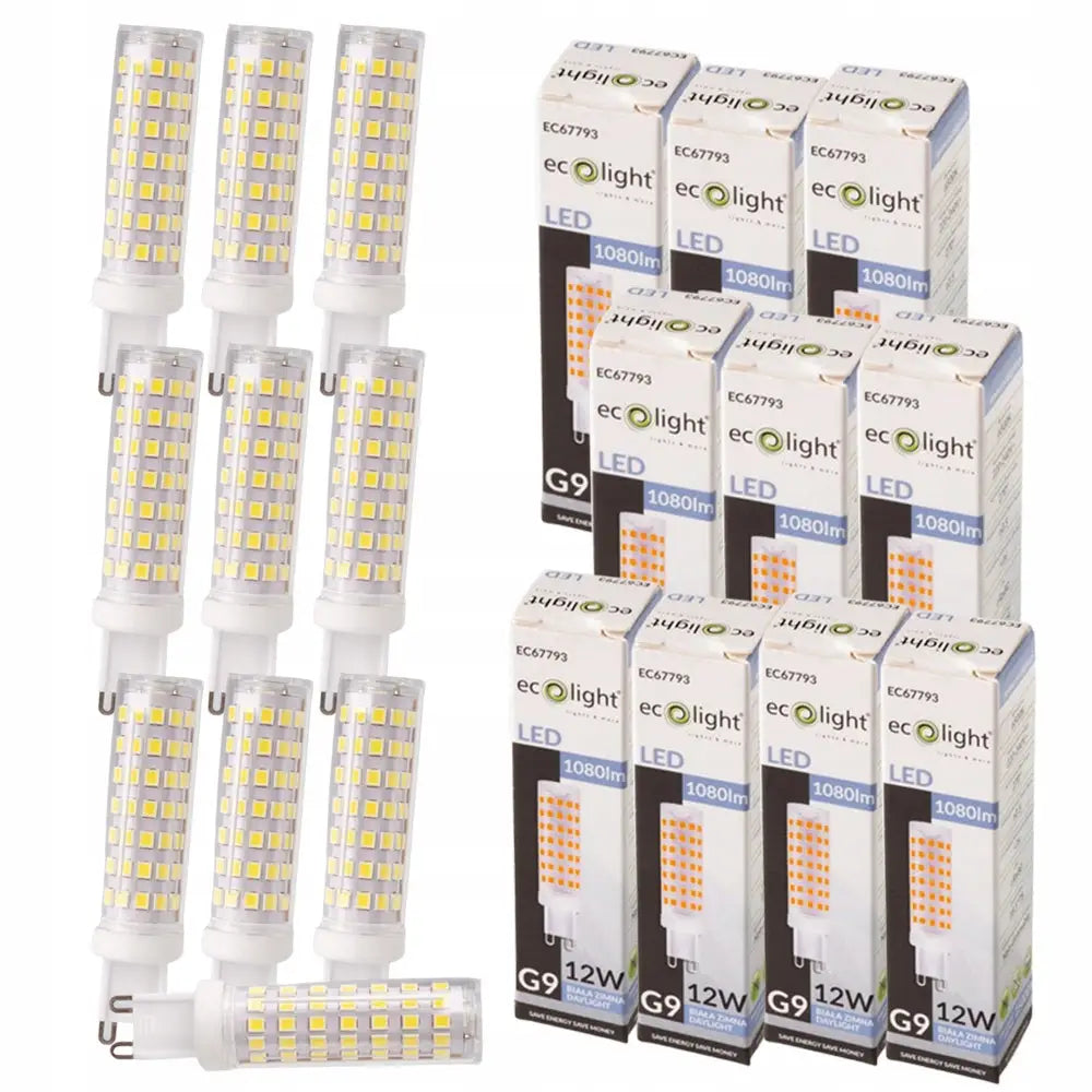 LED-pærer G9 Mini 12W fra Ecolight, ti stykker med synlige gule dioder og hvite sokler foran esker.