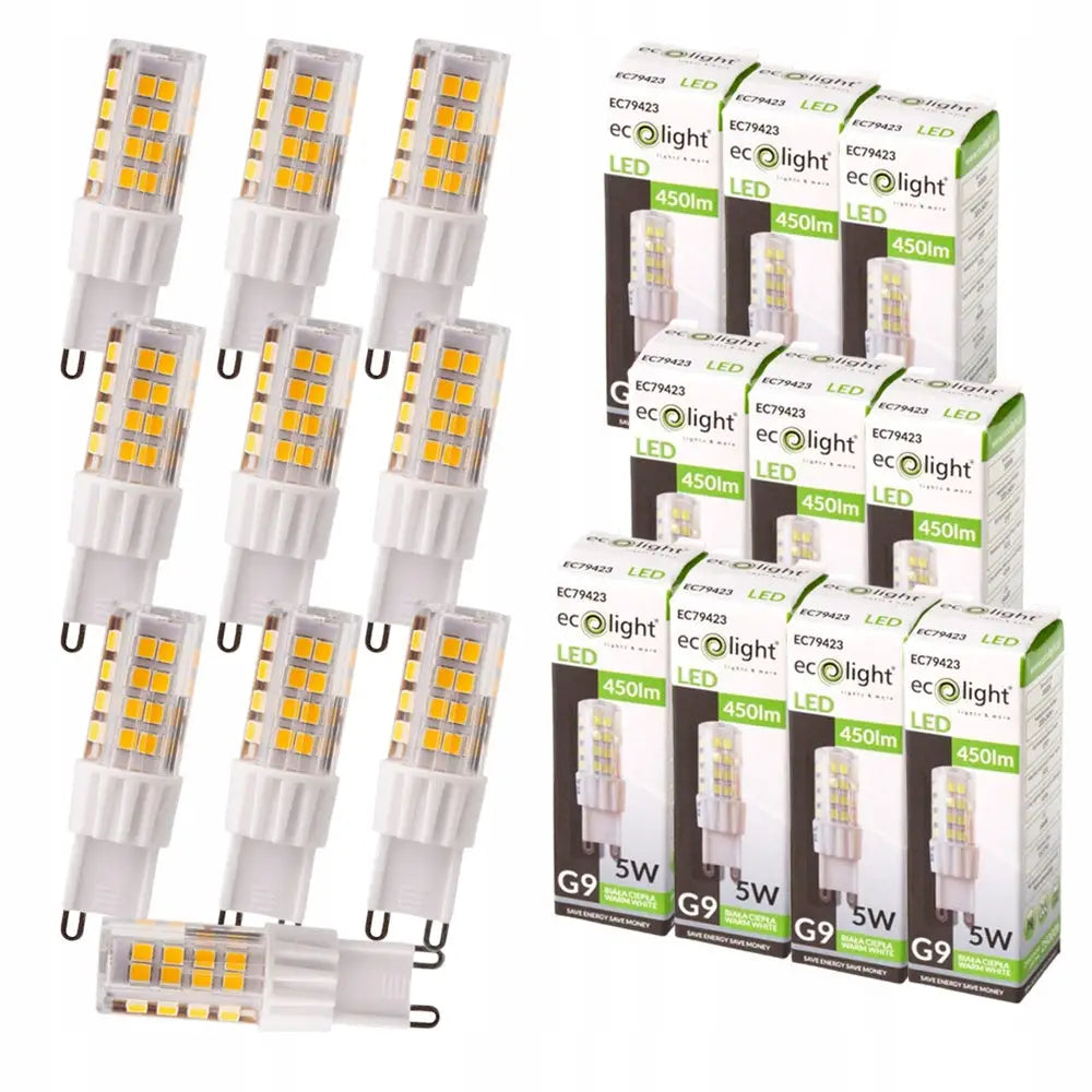 LED-pærer G9 Mini 5W, tolv stykker med hvit sokkel og synlige gule dioder, plassert foran esker.