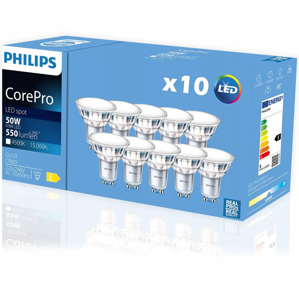 LED-pærer Gu10 4,9W fra Philips, ti blanke spotpærer i eske med produktinformasjon synlig.
