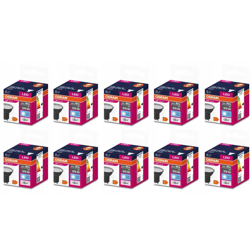 Ti Osram LED-pærer Gu10 6,9W 4000K, pakket i mørkeblå esker med teknisk info synlig fra skrå vinkel.
