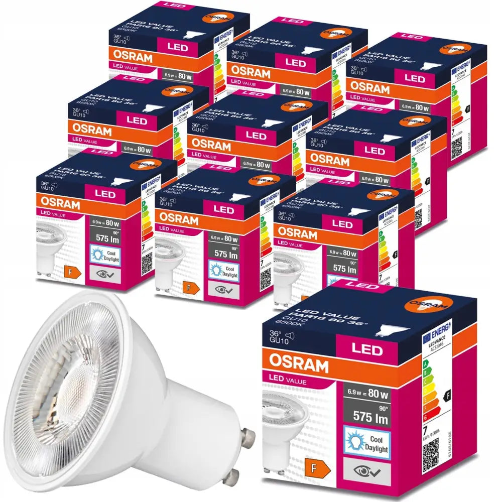 LED-pære GU10 6,9W fra Osram, sidevisning med fargerike OSRAM-emballasjer og synlige spesifikasjoner.