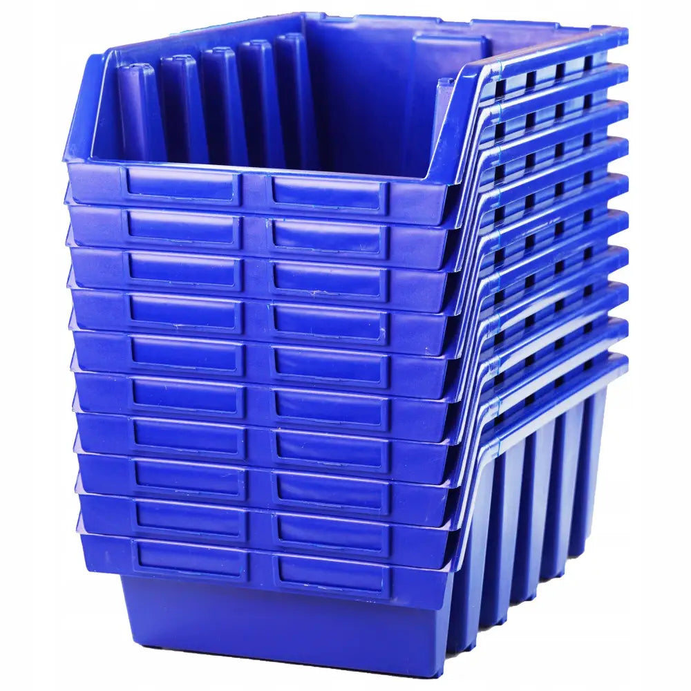 Blå Ergobox 5 oppbevaringsbokser stablet, skrå vinkel som fremhever riflete sider og tydelig etikettfelt.