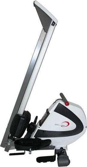 Romaskin i sammenlagt posisjon sett fra siden, hvit og svart med pedaler, håndtak og kompakt metallramme.