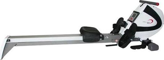 Romaskin Trening i svart, hvitt og sølv, sett fra siden med sete, fotstøtter og digitalt display på konsollen.