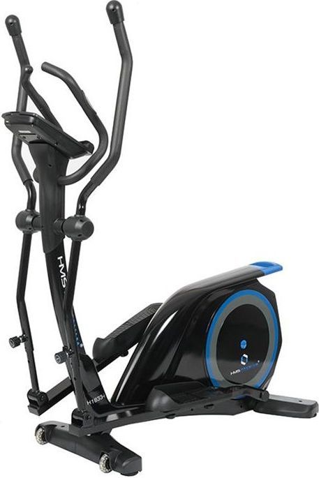 Ellipsemaskin med blå og grå detaljer, store håndtak, display og solide fotplater sett skrått forfra.