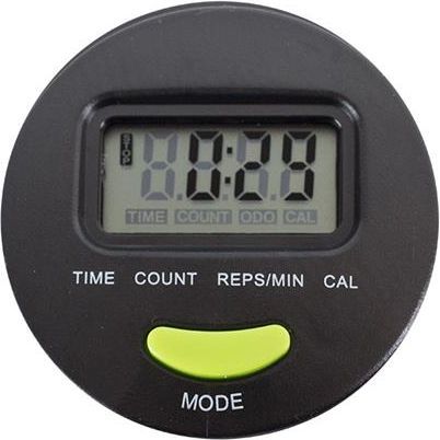 Mini Stepper digital teller med sort rund ramme, LCD-skjerm og grønn MODE-knapp under displayet.