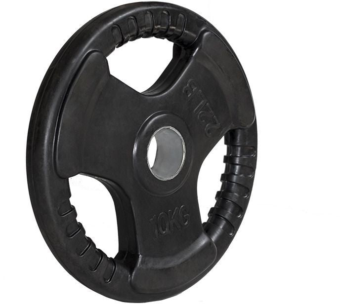 Vektplate på 10 kg i svart støpejern med tre håndtak og 51 mm hull, sett fra skrå vinkel, tydelig merket.
