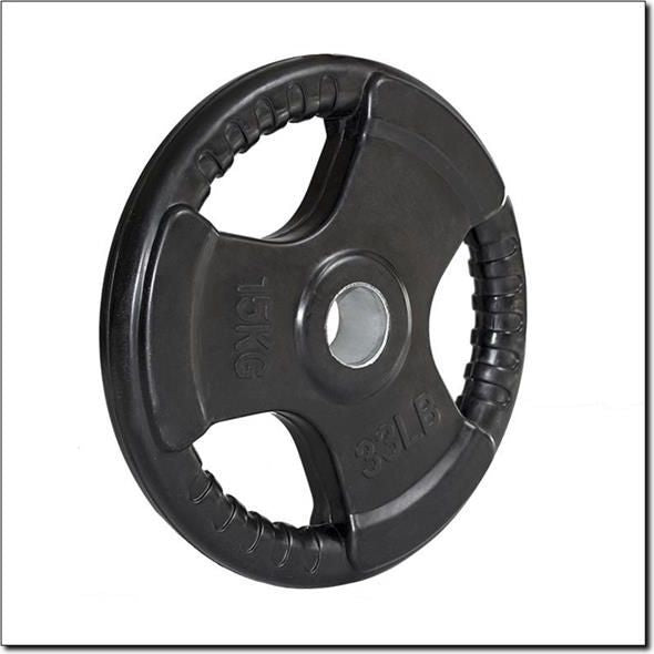 Vektplate på 15 kg i sort gummiert støpejern med håndtak og 51 mm hull, sett fra skrå vinkel.