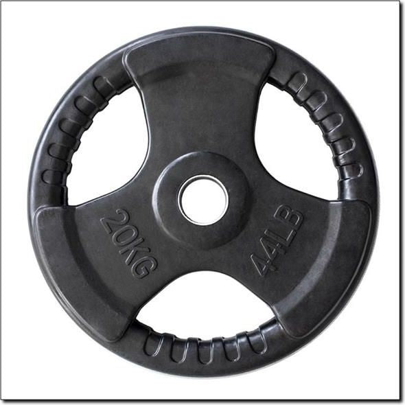 Vektplate i sort metall, sett ovenfra med håndtak, åpninger og tydelig påskrift 20KG og 44LB.