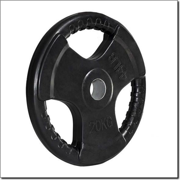 Vektskive på 20 kg i sort støpejern med tre gripehull, 20KG og 44LB preget, sentralt hull for vektstang.
