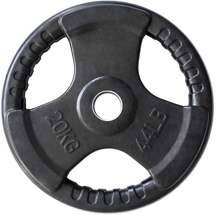 Vektskive i sort metall med tre gripehull, preget med "20KG" og "44LB", sett rett forfra.