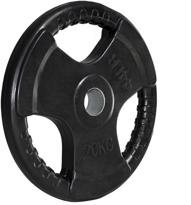 Vektplate på 20 kg i sort gummi med håndtak og 51 mm åpning, sett skrått forfra med tydelige detaljer.