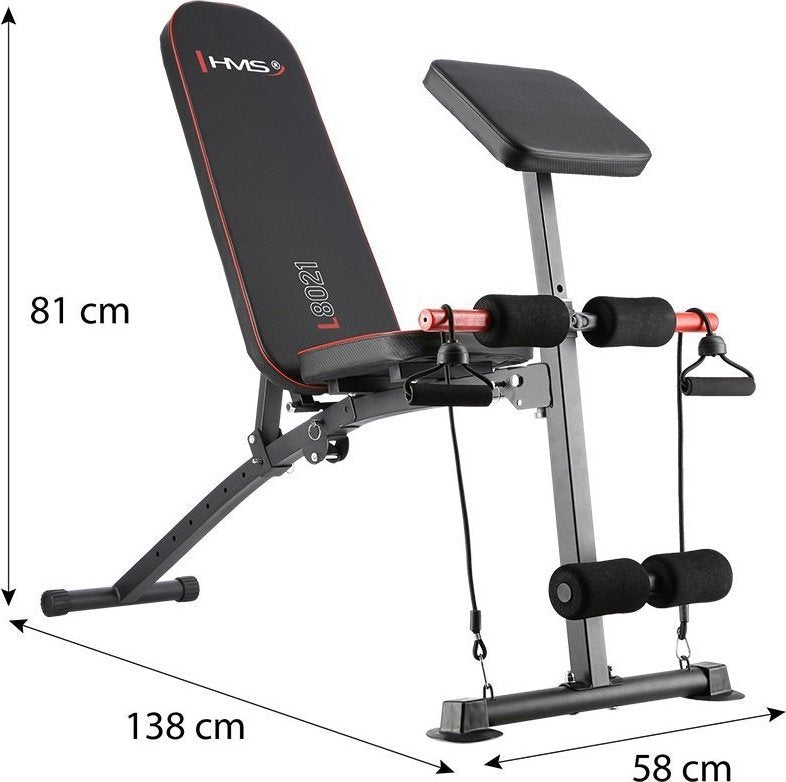 Treningsbenk med justerbart ryggstø og modlitebenk, vekt 9,5 kg, sett fra siden mot hvit bakgrunn.