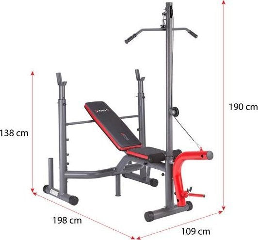 Benkpress Benk med justerbar rygg, lat-trekk og benstøtte i grått og rødt, mål markert på bildet.