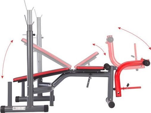 Treningsbenk i svart og rød metall med polstret sete, vist fra siden med pilmarkeringer for justeringene.