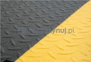 Arbeidsmatte med sklisikkert diamantmønster, halvparten svart og halvparten gul, sett ovenfra.