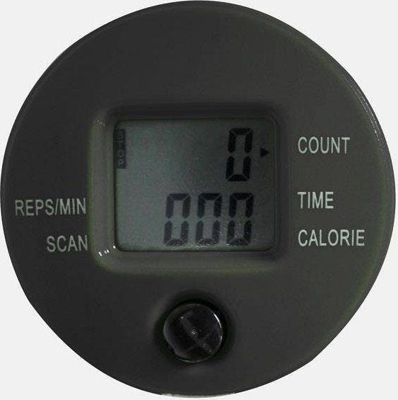 Stepmaskin med digital LCD-skjerm i sort plast, viser telling, tid, repetisjoner per minutt og kalorier, sett forfra.