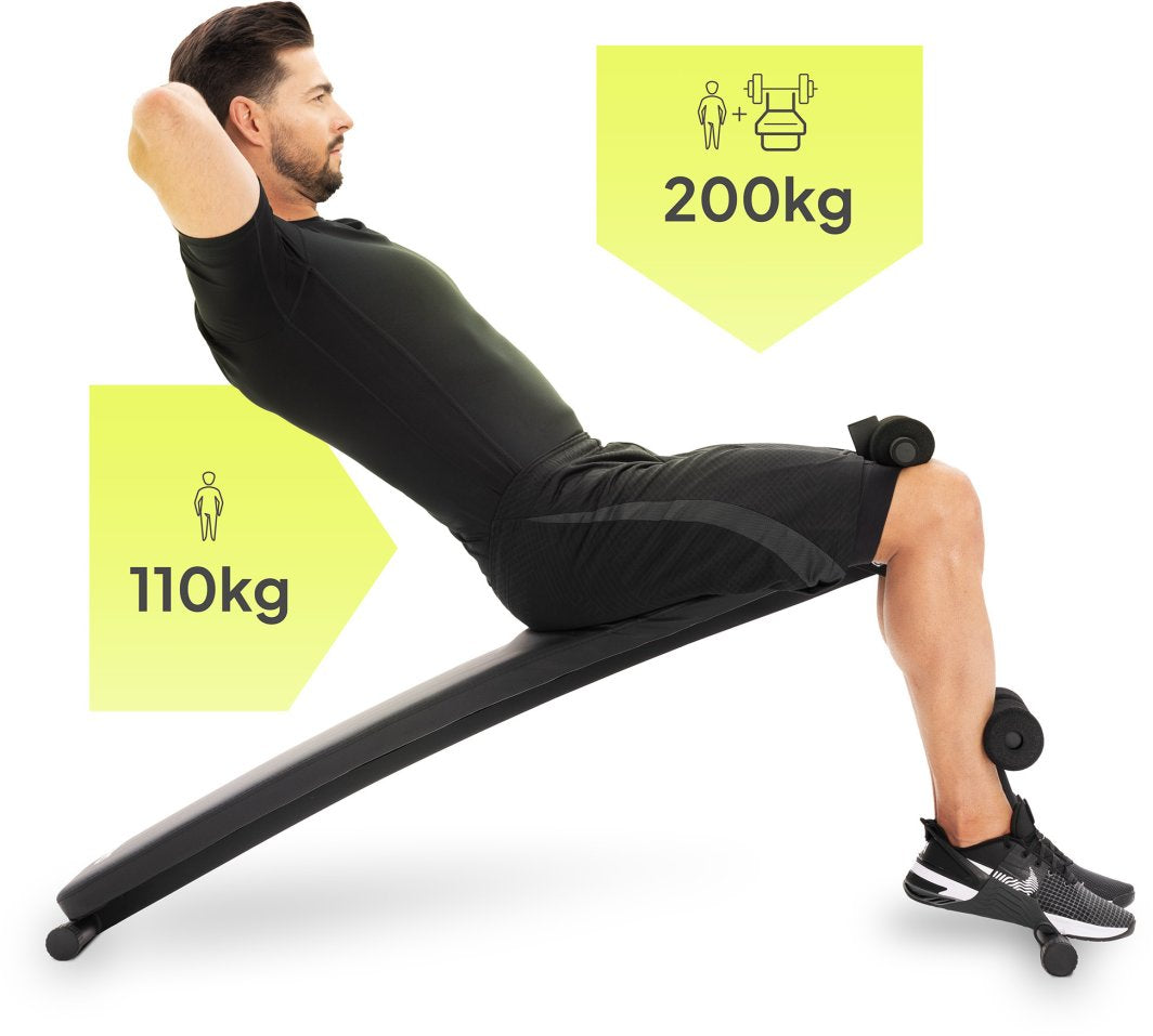 Sammenleggbar Treningsbenk i sort med polstring, mann gjør sit-ups, infografikk viser 110 kg og 200 kg vektgrenser.