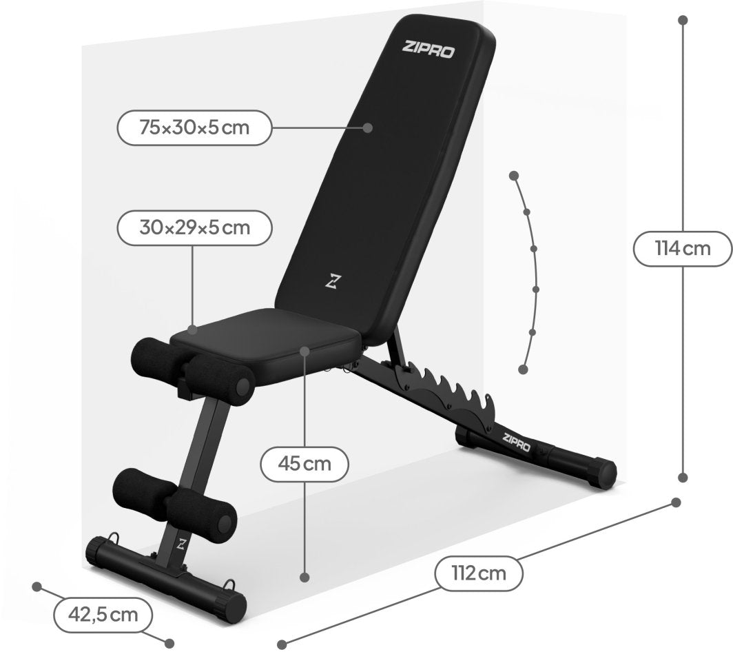 Treningsbenk Justerbar i sort med polstrede puter, stålkonstruksjon og mål på sete, ryggstøtte og benk.