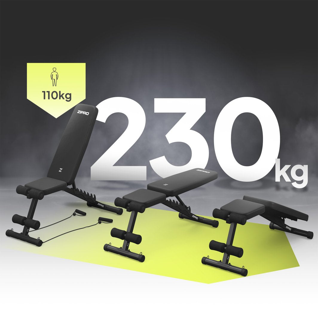 Treningsbenk sammenleggbar med ekspandere, svart modell vist fra siden i tre ulike justerbare posisjoner.