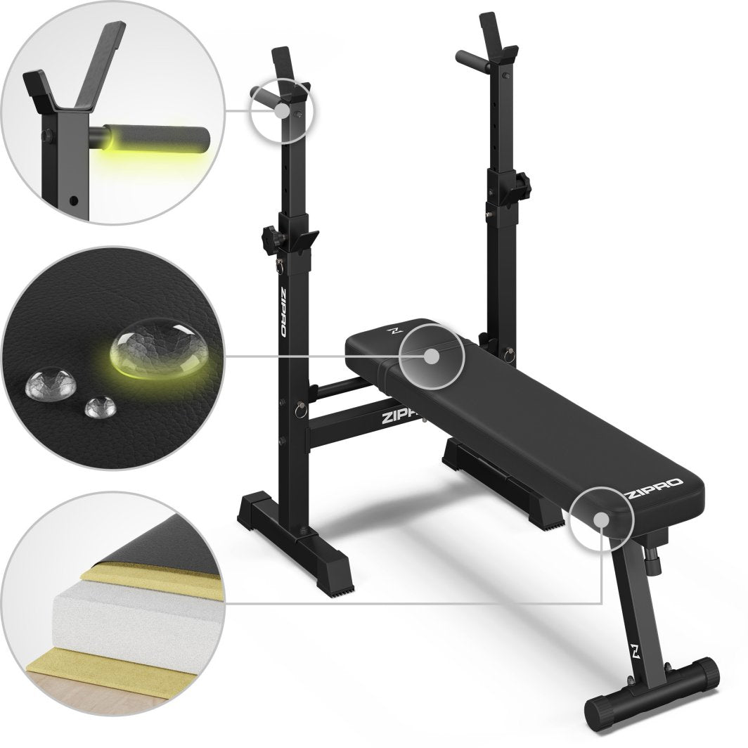 Benkpress Benk med sort metallramme, vannavstøtende trekk, tykk polstring og solide stangholdere med grep.
