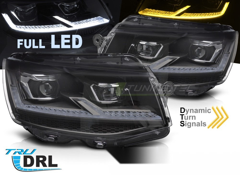 Detaljbilde av frontlykter VW T6 15-19 med LED-detaljer.