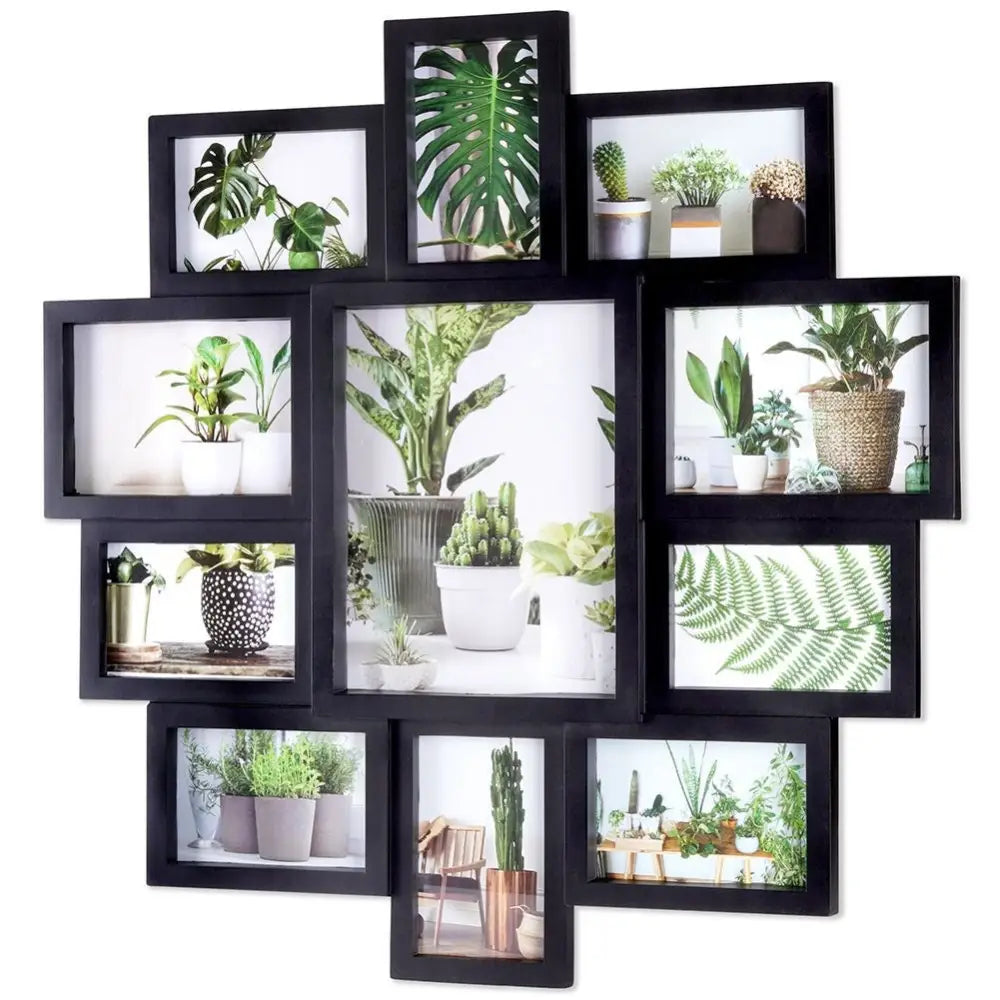 Collageramme med ni svarte rammer i ulike størrelser, hver med bilde av grønn potteplante.