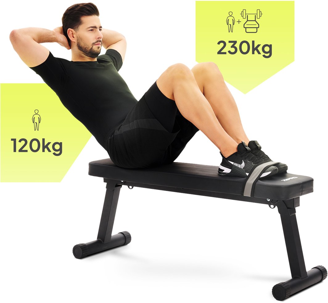 Sammenleggbar Treningsbenk i sort metall med polstret sete, person gjør sit-ups, vektgrense vises grafisk.
